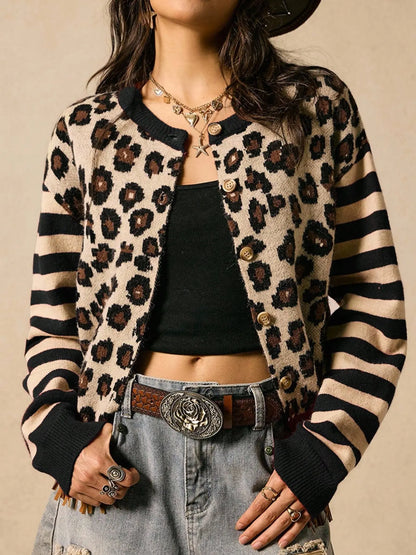 Elegant Women's Leopard Print Striped Knit Knitting