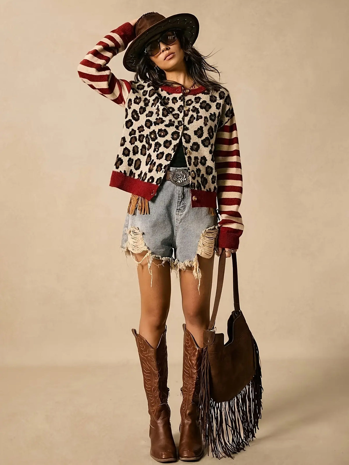 Elegant Women's Leopard Print Striped Knit Knitting
