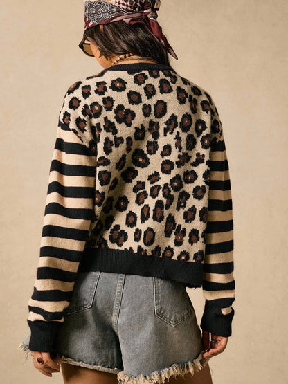 Elegant Women's Leopard Print Striped Knit Knitting