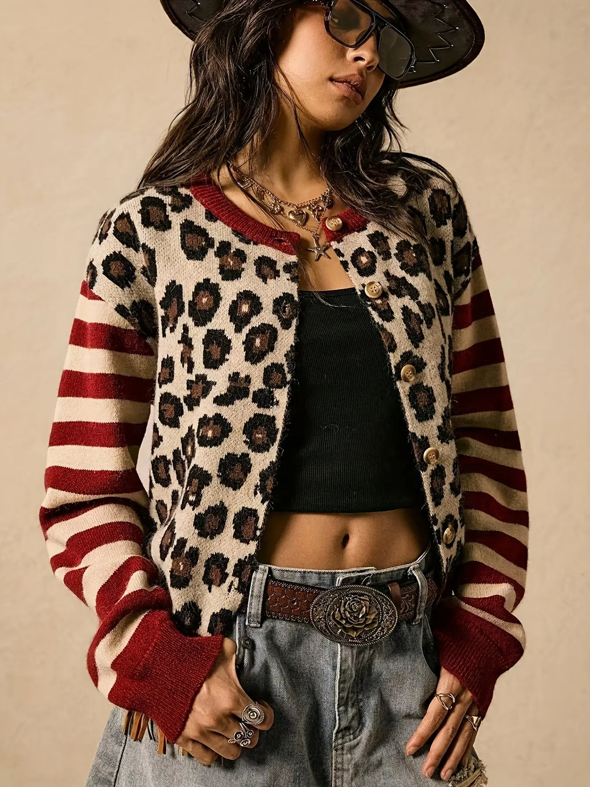 Elegant Women's Leopard Print Striped Knit Knitting