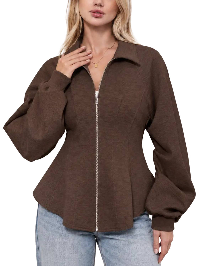 Fitted Ruched Puff Sleeve Zip Up Collared Jacket
