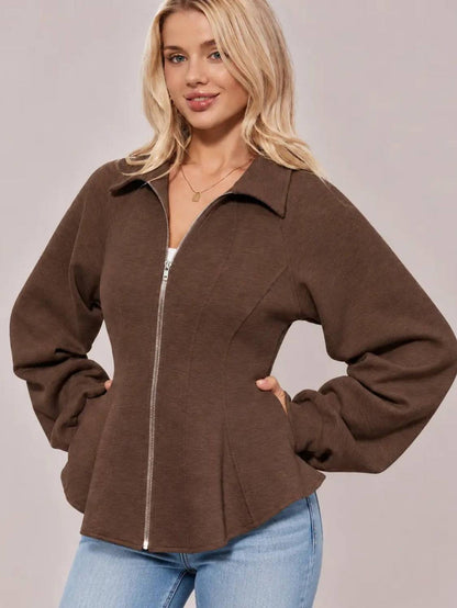 Fitted Ruched Puff Sleeve Zip Up Collared Jacket