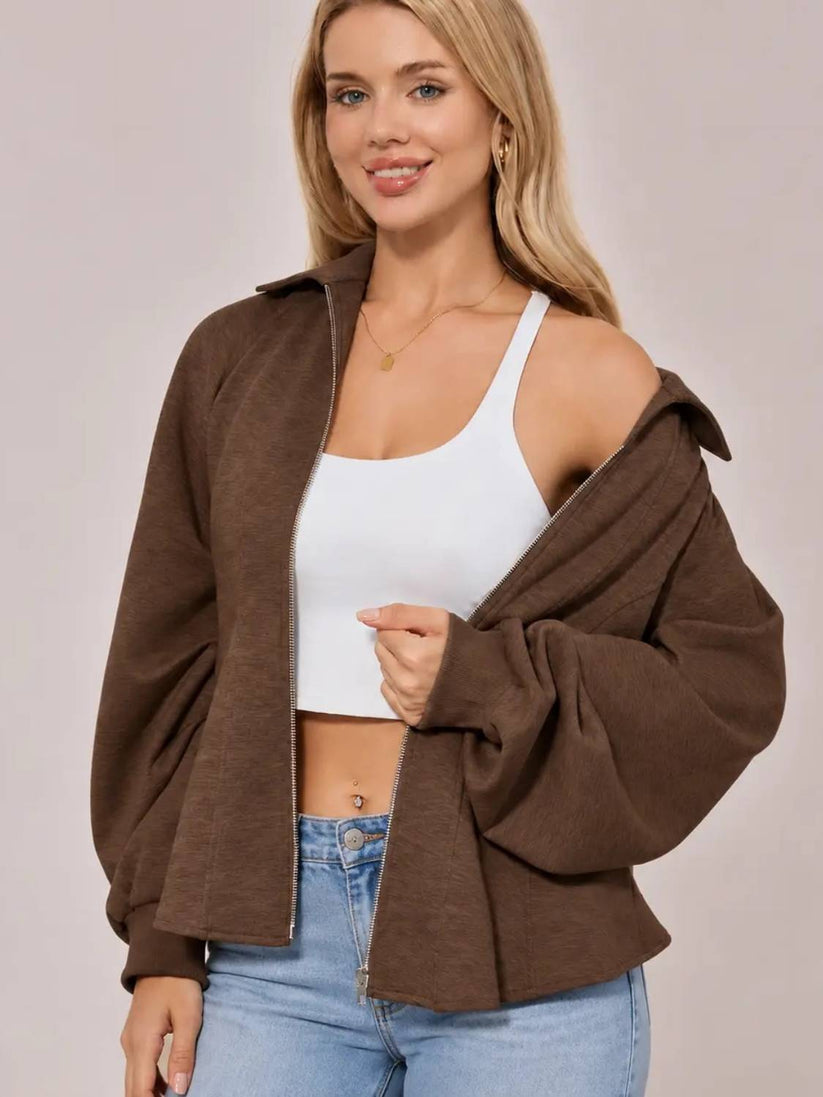 Fitted Ruched Puff Sleeve Zip Up Collared Jacket