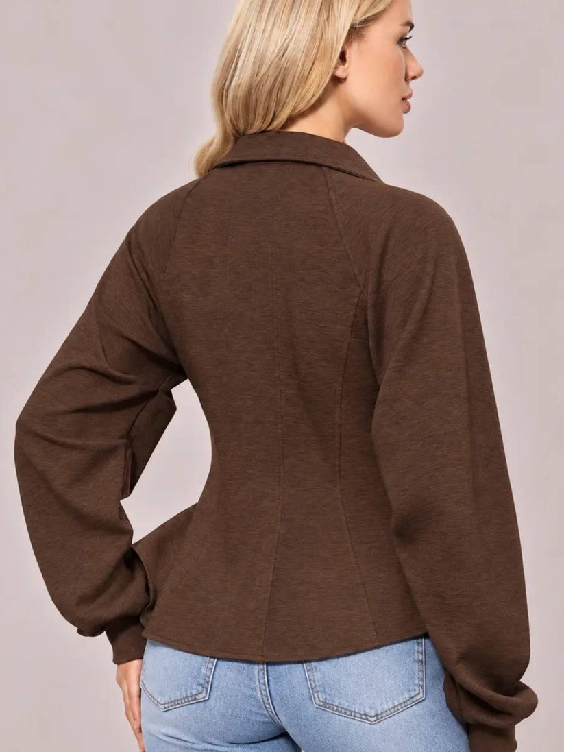 Fitted Ruched Puff Sleeve Zip Up Collared Jacket