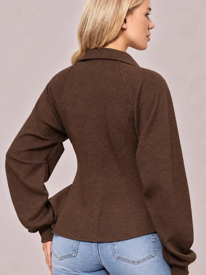 Fitted Ruched Puff Sleeve Zip Up Collared Jacket
