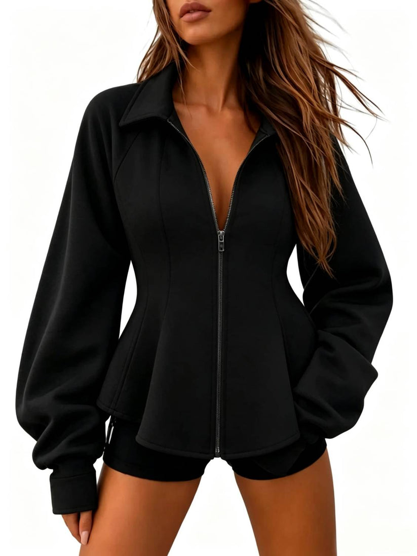 Fitted Ruched Puff Sleeve Zip Up Collared Jacket