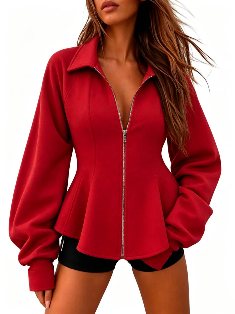 Fitted Ruched Puff Sleeve Zip Up Collared Jacket