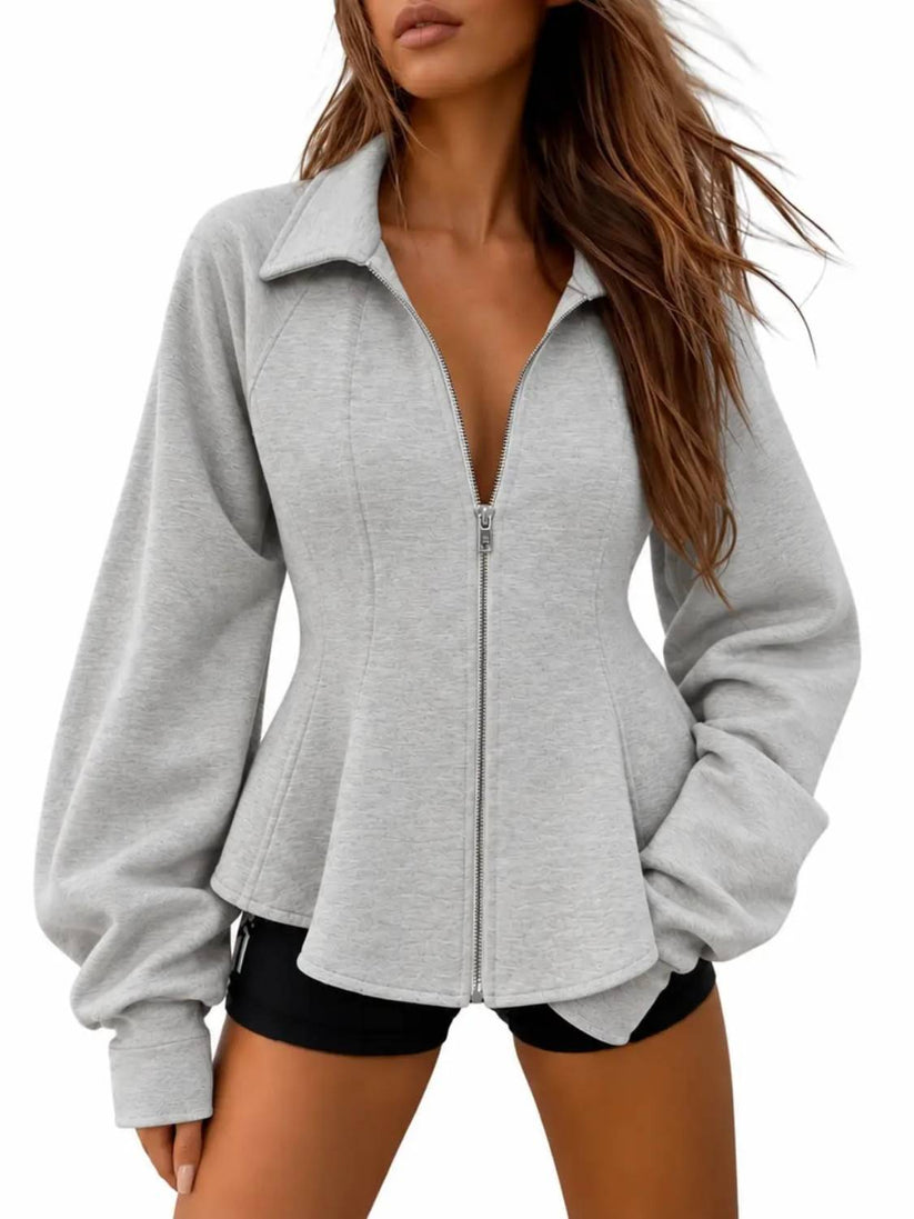 Fitted Ruched Puff Sleeve Zip Up Collared Jacket