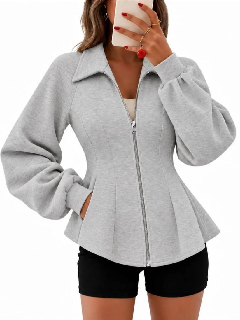 Fitted Ruched Puff Sleeve Zip Up Collared Jacket