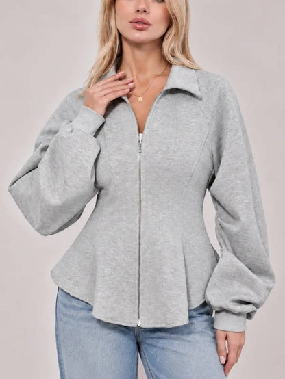 Fitted Ruched Puff Sleeve Zip Up Collared Jacket