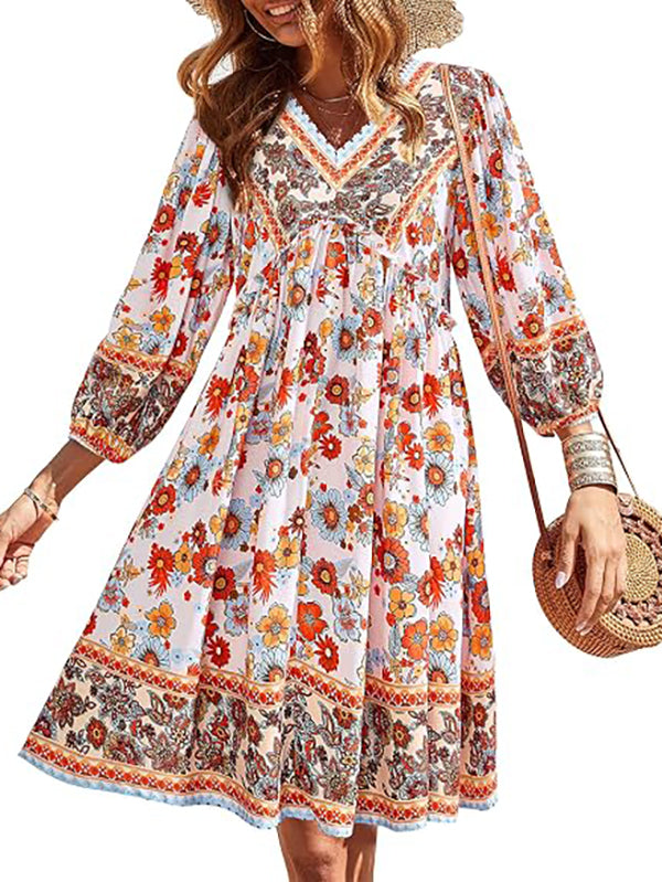 Women's Casual Floral Long Sleeve Mini Dress