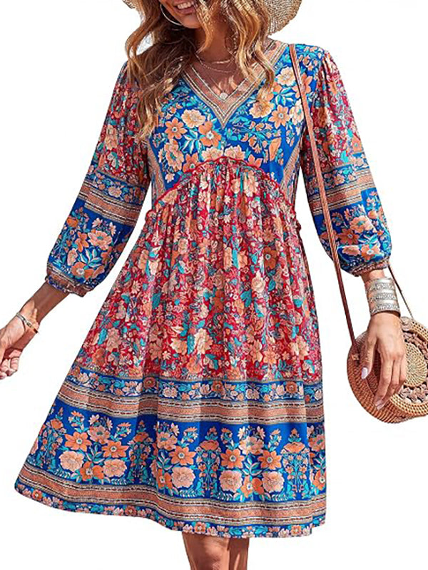 Women's Casual Floral Long Sleeve Mini Dress