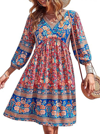 Women's Casual Floral Long Sleeve Mini Dress