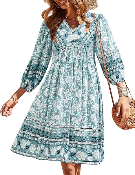Women's Casual Floral Long Sleeve Mini Dress