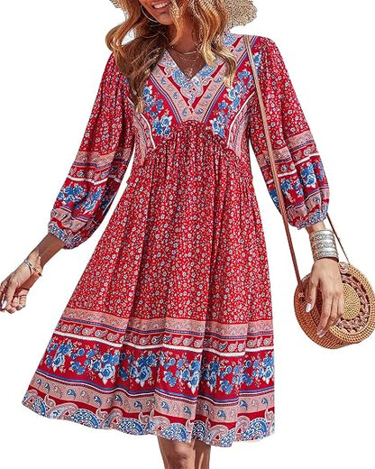 Women's Casual Floral Long Sleeve Mini Dress