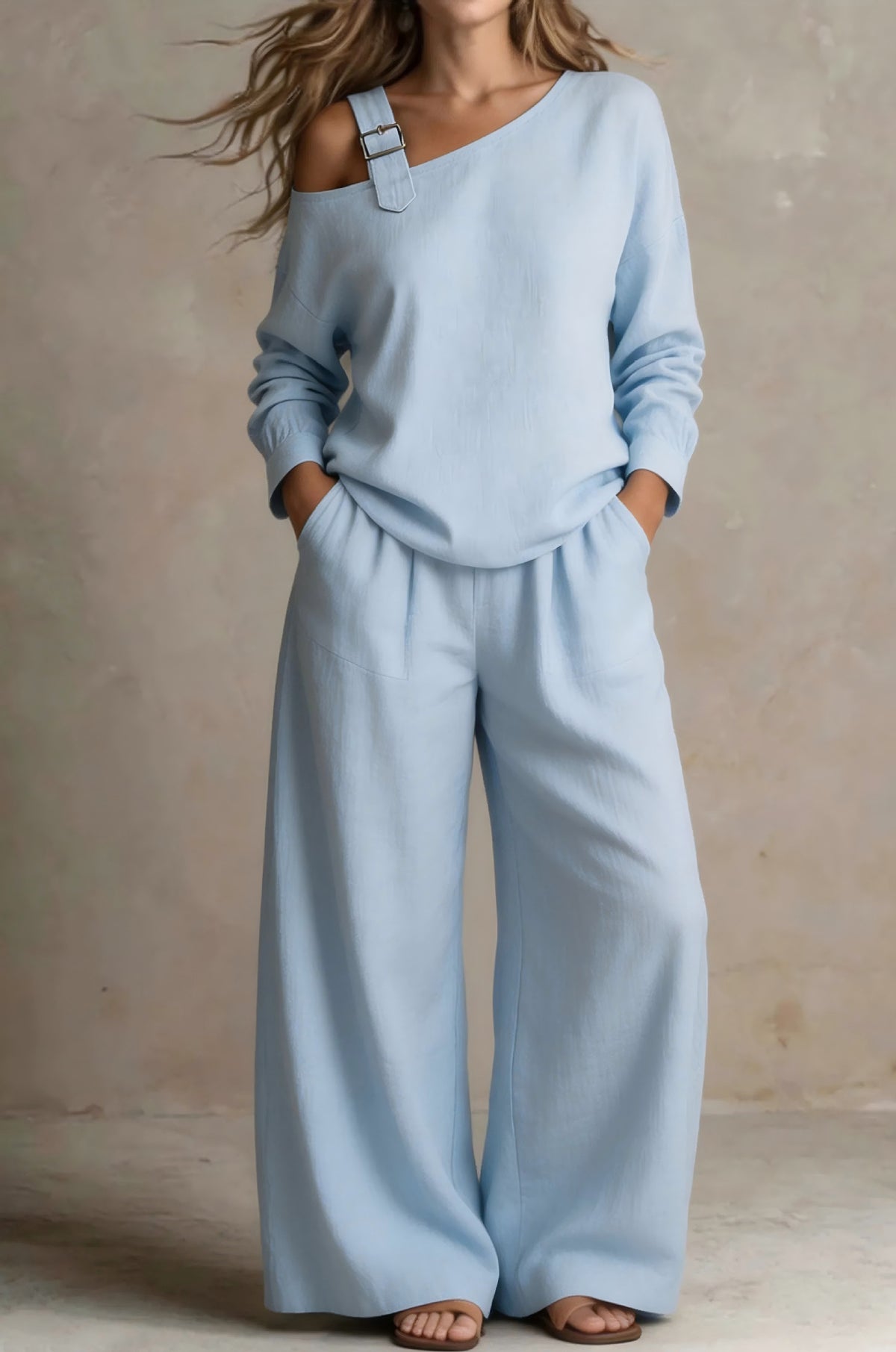 Long-sleeved off-shoulder asymmetrical camisole long-sleeved wide-leg pants suit