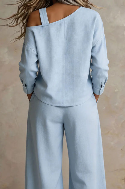 Long-sleeved off-shoulder asymmetrical camisole long-sleeved wide-leg pants suit