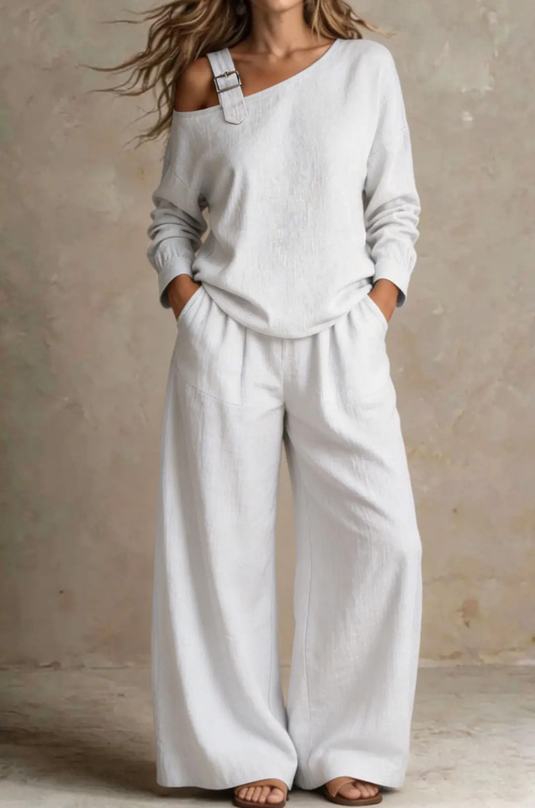 Long-sleeved off-shoulder asymmetrical camisole long-sleeved wide-leg pants suit