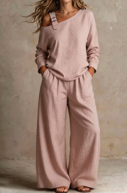 Long-sleeved off-shoulder asymmetrical camisole long-sleeved wide-leg pants suit