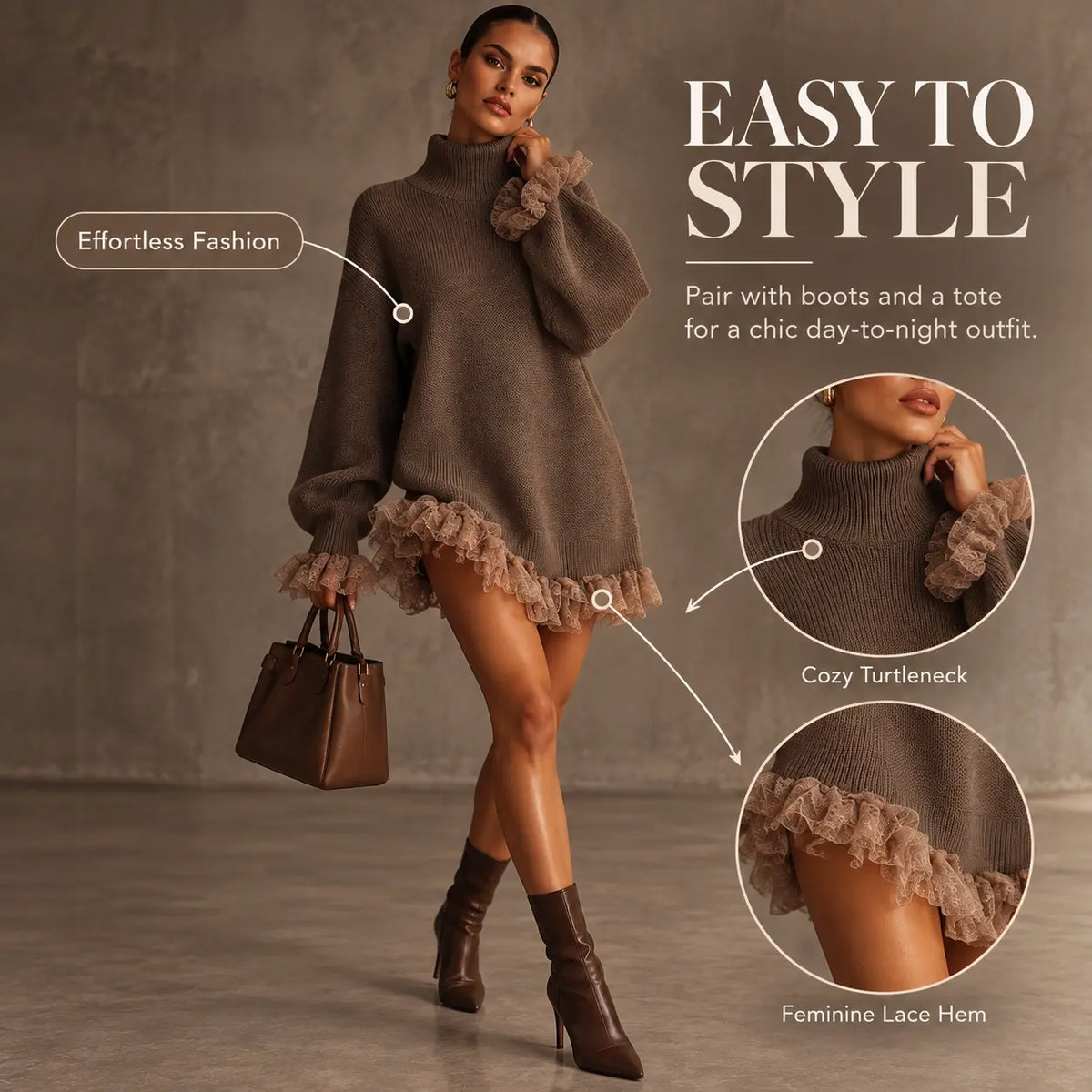 Women's turtleneck sweater with lace hem dress