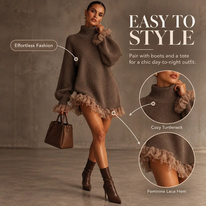 Women's turtleneck sweater with lace hem dress