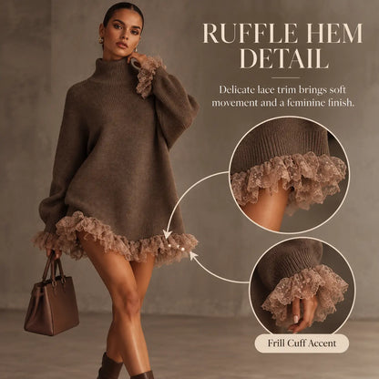 Women's turtleneck sweater with lace hem dress
