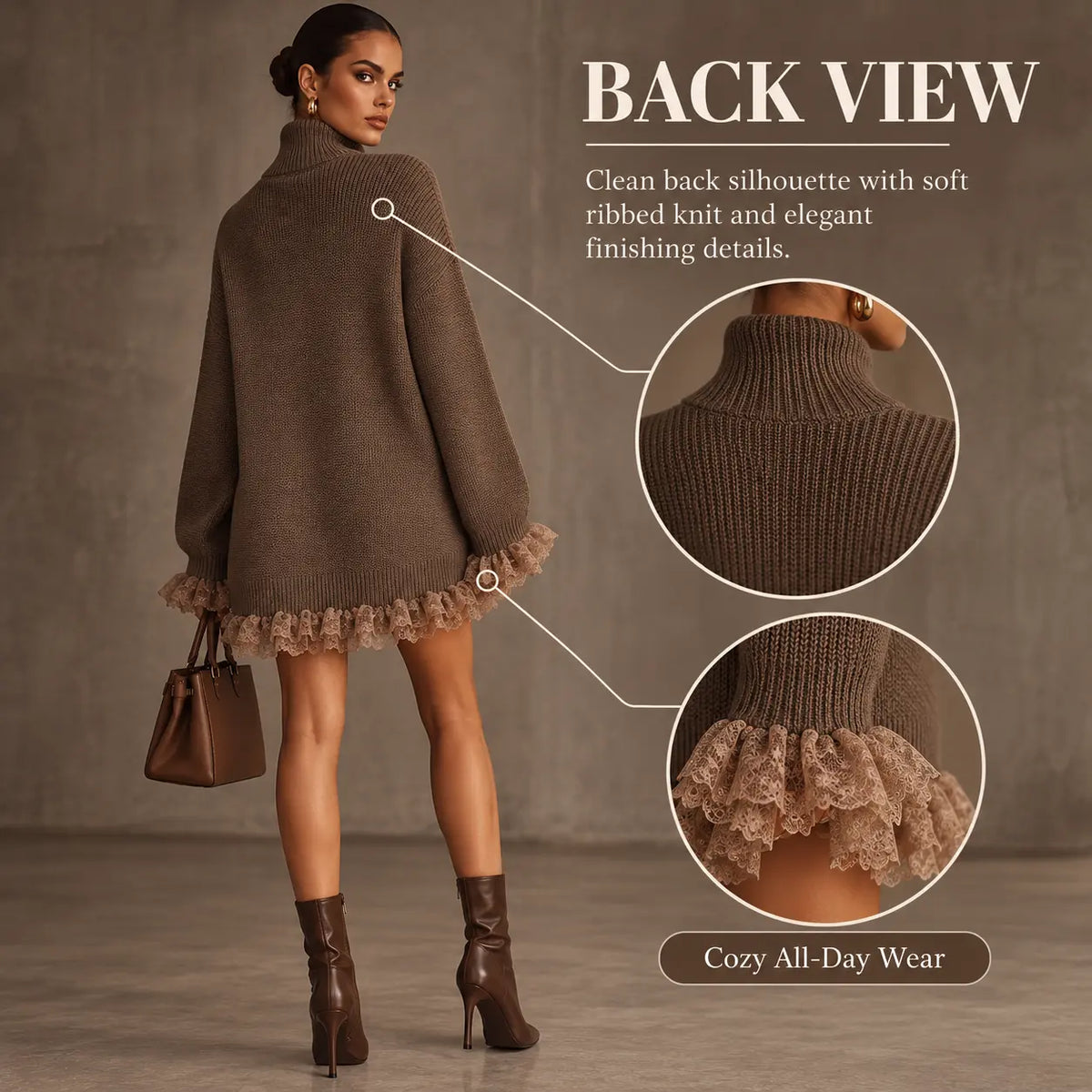 Women's turtleneck sweater with lace hem dress