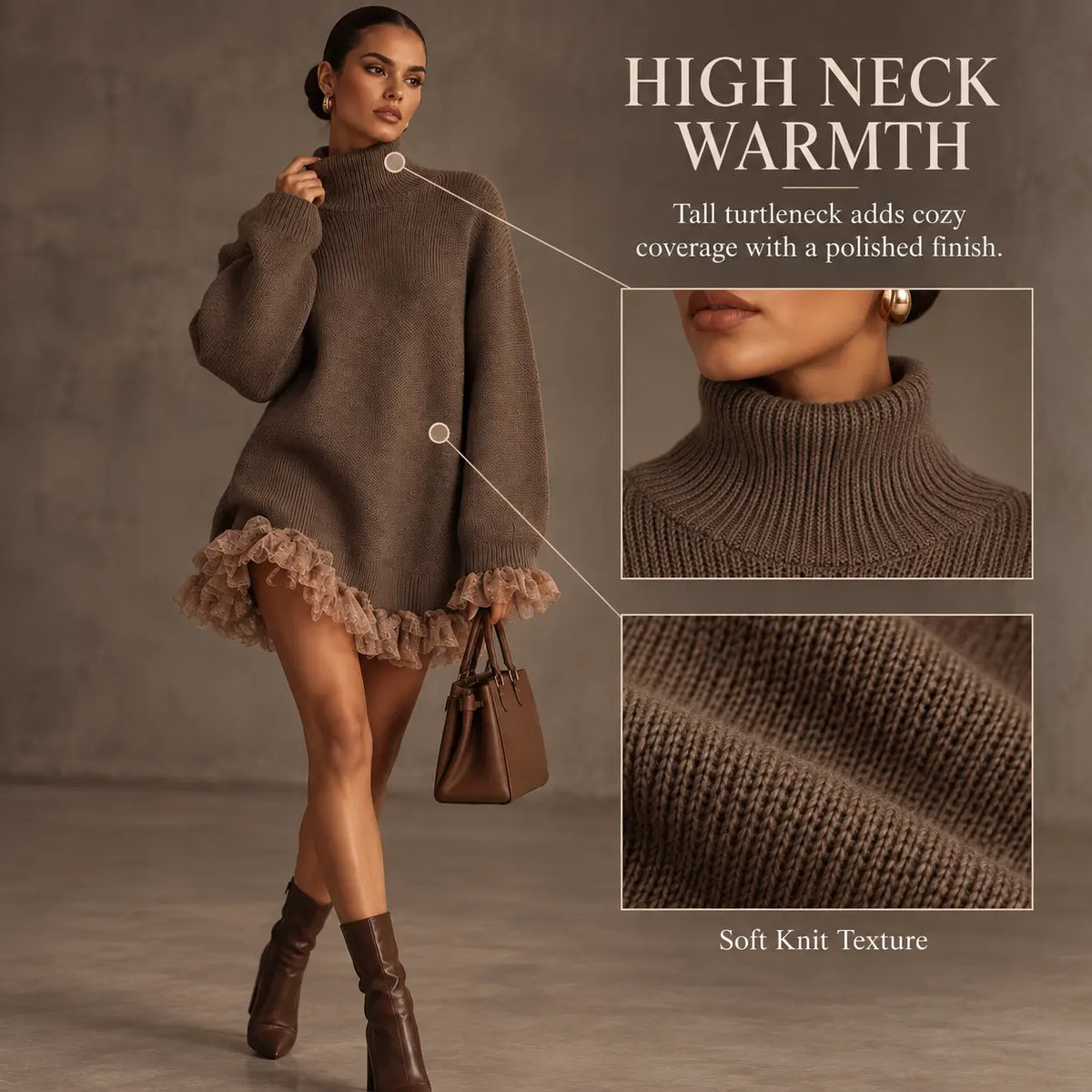 Women's turtleneck sweater with lace hem dress