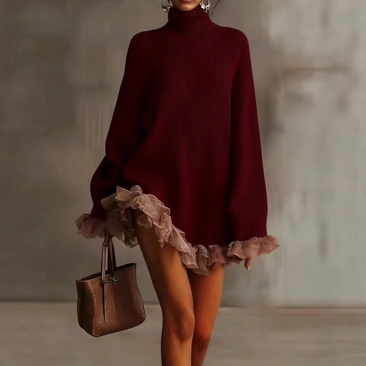 Women's turtleneck sweater with lace hem dress