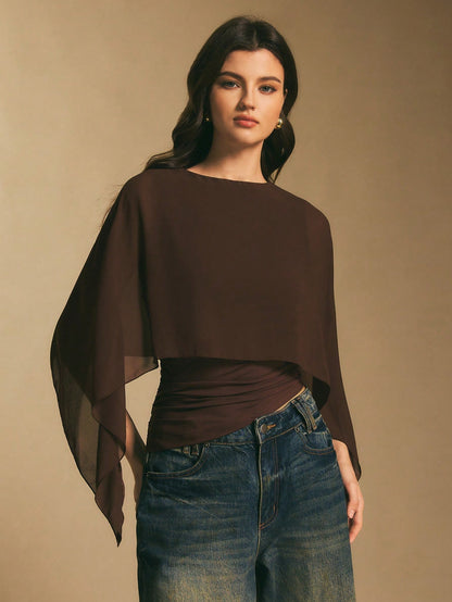Round neck loose chiffon cover-up elegant irregular top