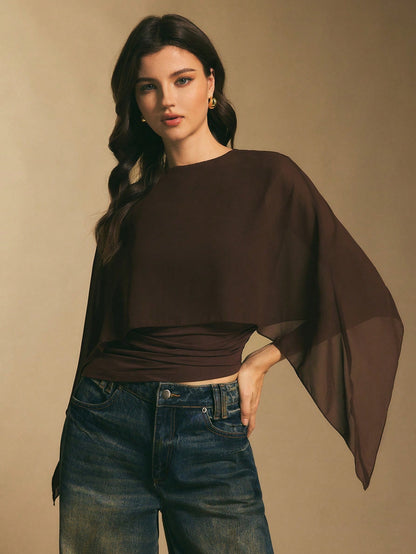 Round neck loose chiffon cover-up elegant irregular top