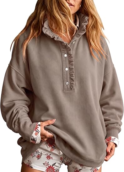 Ruffled V-neck button-down long-sleeved pullover casual sweatshirt