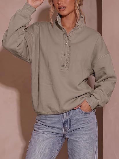 Ruffled V-neck button-down long-sleeved pullover casual sweatshirt