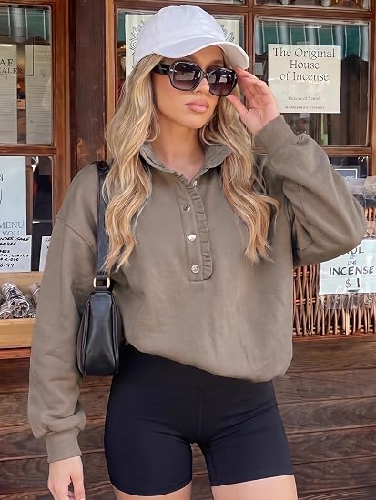 Ruffled V-neck button-down long-sleeved pullover casual sweatshirt