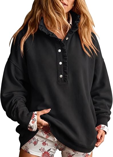 Ruffled V-neck button-down long-sleeved pullover casual sweatshirt