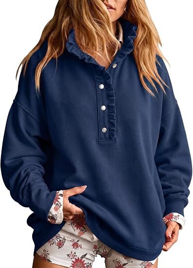 Ruffled V-neck button-down long-sleeved pullover casual sweatshirt