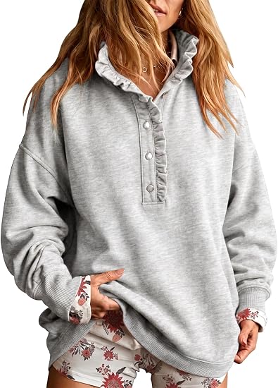 Ruffled V-neck button-down long-sleeved pullover casual sweatshirt