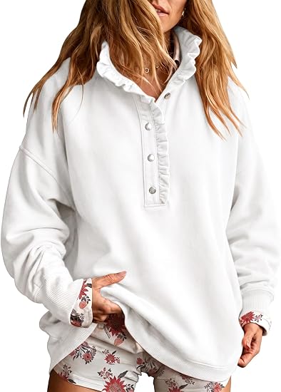 Ruffled V-neck button-down long-sleeved pullover casual sweatshirt