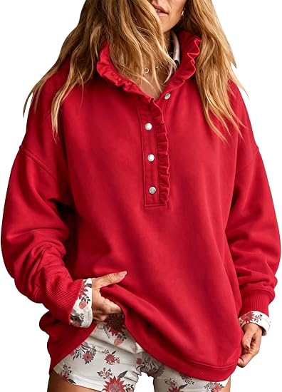 Ruffled V-neck button-down long-sleeved pullover casual sweatshirt