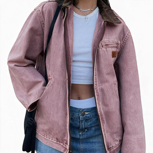 Hot Sale-Vintage Washed Zip-Up Color-Blocked Denim Jacket