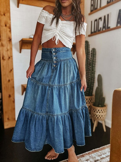 Women's Thick Chic High-Waisted A-Line Cowboy Denim Skirt