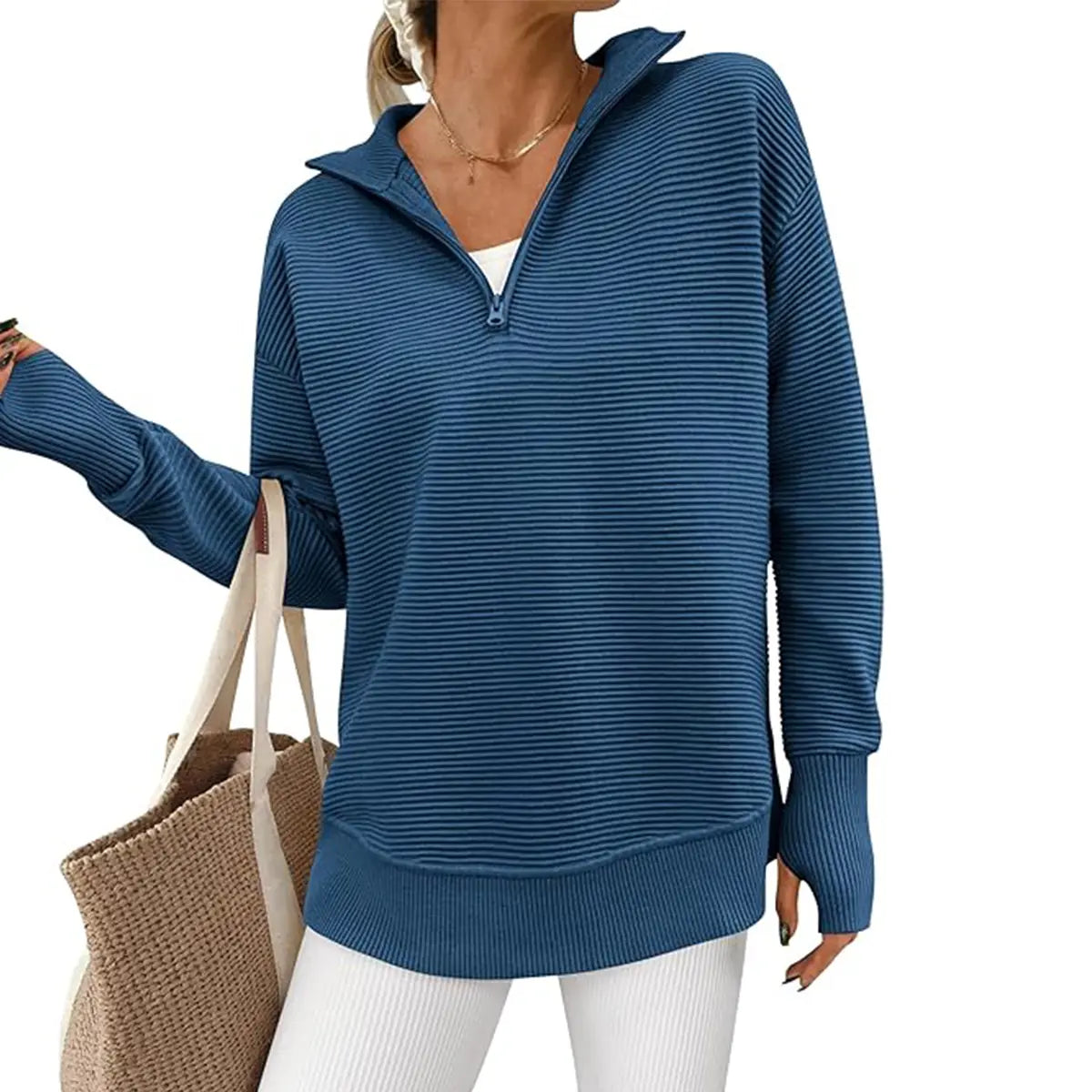 Hot Sale-Women Oversized Half Zip Collar Vertical Rib Long Sleeve Knit Top