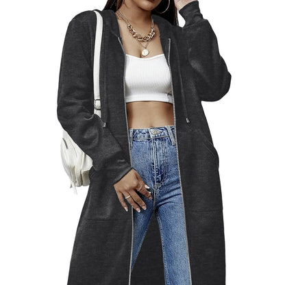 Women Oversized Full Zip Long Length Hooded Jacket with Side Pockets
