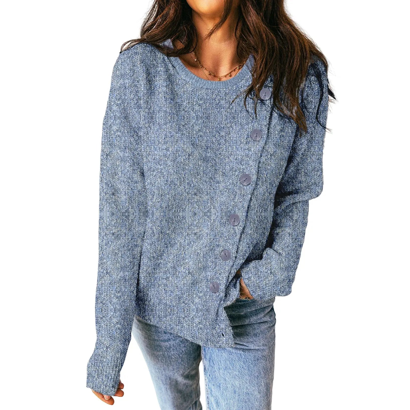 Women Long Sleeve Crew Neck Asymmetric Diagonal Button Knit Top