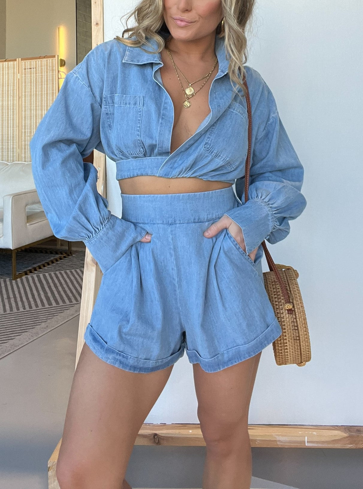 Hot Sale Denim Crop Shirt and Shorts Set