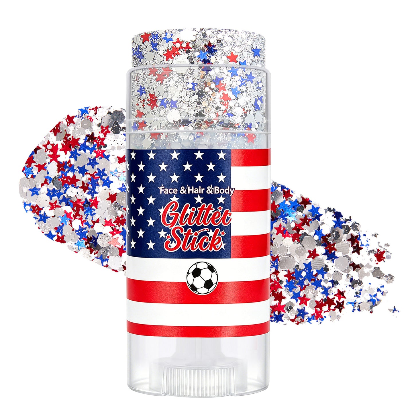 July 4th Independence Day: Star-shaped hair accessory, glitter stick, and sparkly makeup