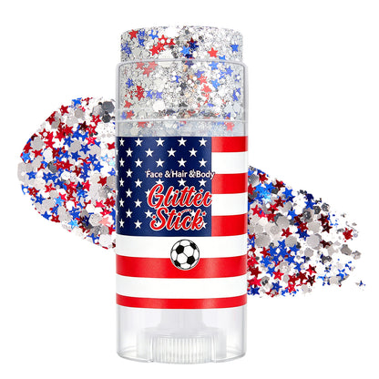 July 4th Independence Day: Star-shaped hair accessory, glitter stick, and sparkly makeup