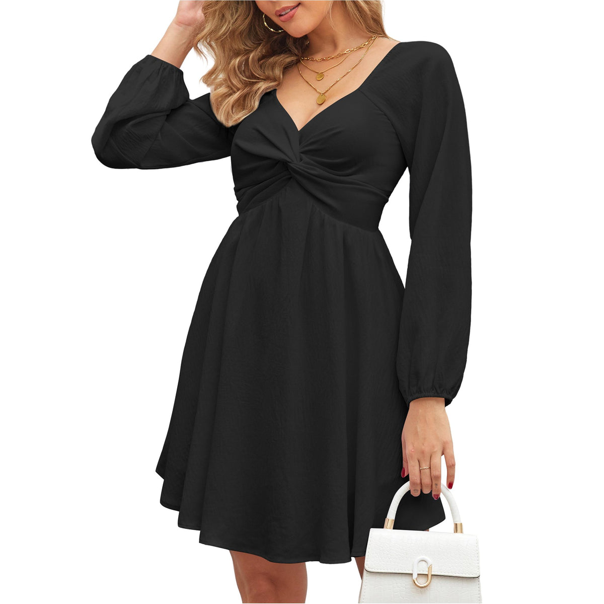 Sweetheart Neck Twist Front Lantern Sleeve A-line Mini Dress
