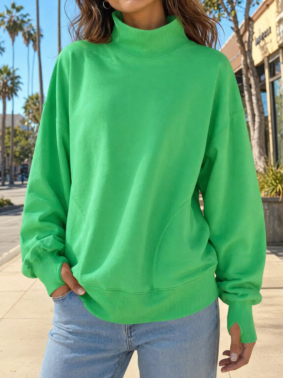 Women's Oversized Mock Neck Sweatshirt with Thumbholes