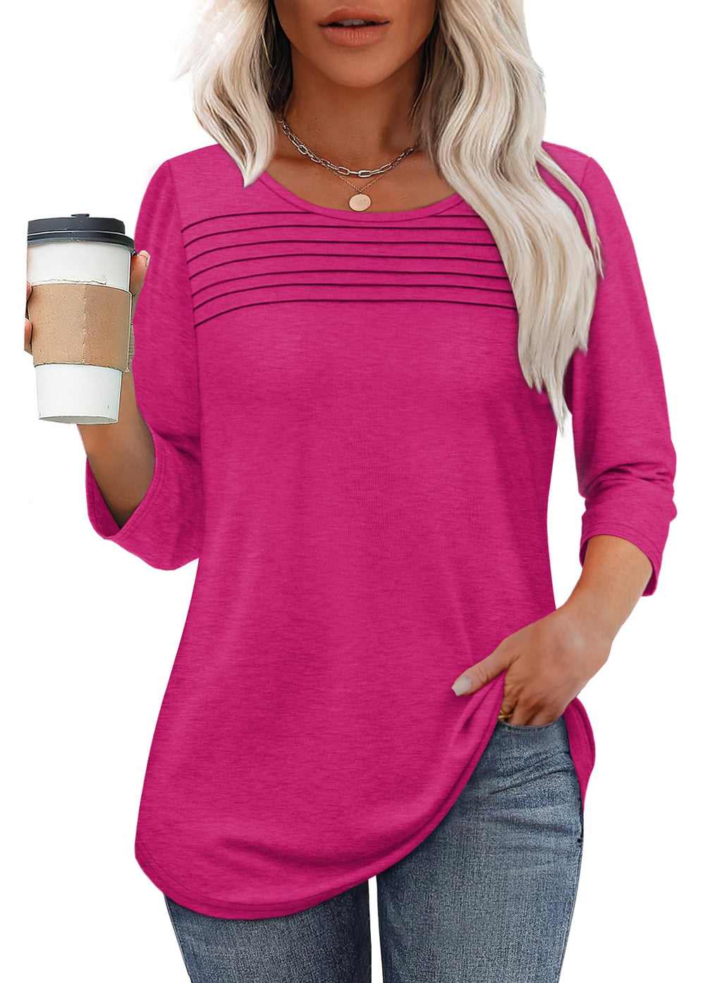 Women's 3/4 Length Sleeve Top Pleated Front T-Shirt (Buy 3 Free Shipping)